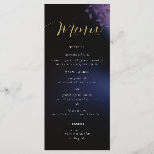 Menu Élégant Moody moderne Noir foncé violet Mariage (Devant)