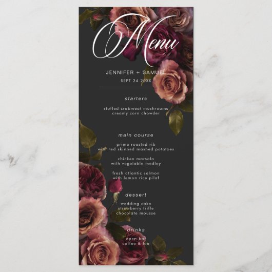 Menu Elégant Moody Muted Rust & Burgundy Floral Mariage (Devant)