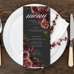 Menu Elégant Moody Muted Rust & Burgundy Floral Mariage<br><div class="desc">Laissez-vous tenter par l'élégance intemporelle de votre fête d'inspiration gothique grâce à notre menu mariage long et captivant. Un arrière - plan noir doux est la toile parfaite pour un bouquet captivant mais sobre. Imaginez un coin de fleurs roses muettes, où la rouille douce rouille et les riches teintes bordeaux...</div>
