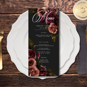 Menu Elégant Moody Muted Rust & Burgundy Floral Mariage