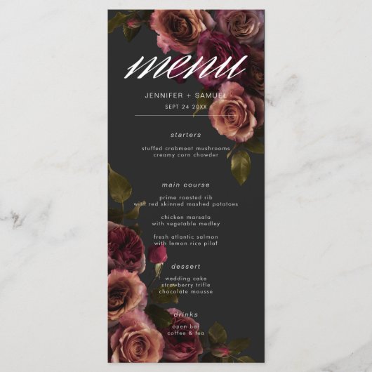 Menu Elégant Moody Muted Rust & Burgundy Floral Mariage (Devant)