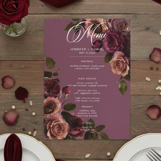 Menu Elegant Moody Soft Rust & Burgundy Floral Wedding