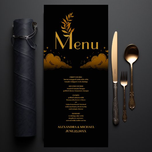 Menu Élégant mystique nuages d'or noir Mariage de lune