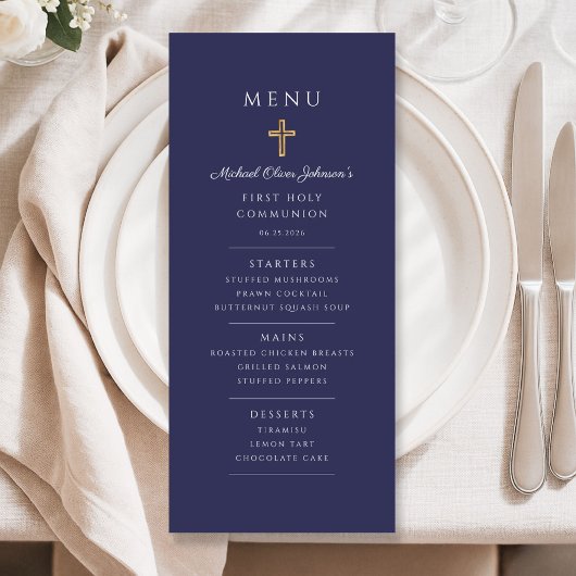 Menu Elegant Navy Blue Boy First Communion