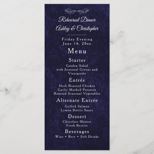Menu Elegant Navy Blue White Rehearsal Dinner (Devant)