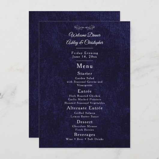Menu Elegant Navy Blue White Welcome Dinner (Devant / Derrière)