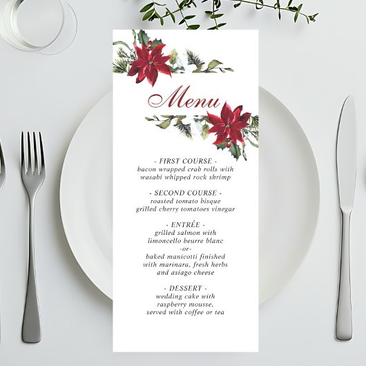 Menu Élégant Noël Rouge Poinsettia Mariage Dîner