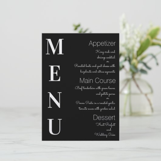 Menu Élégant Noir avec Texte Blanc (Debout devant)