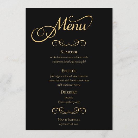 Menu Élégant Noir Calligraphie Mariage de script (Devant)