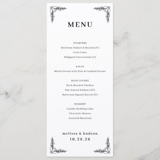 Menu élégant noir et blanc (Devant)