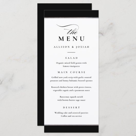 Menu Elégant noir et blanc avec Accent argenté (Devant / Derrière)