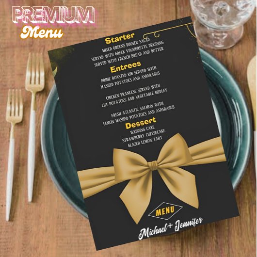 Menu Elégant Noir et Bow Gold Mariage personnalisable