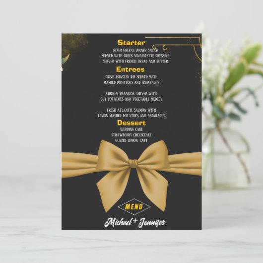 Menu Elégant Noir et Bow Gold Mariage personnalisable (Debout devant)
