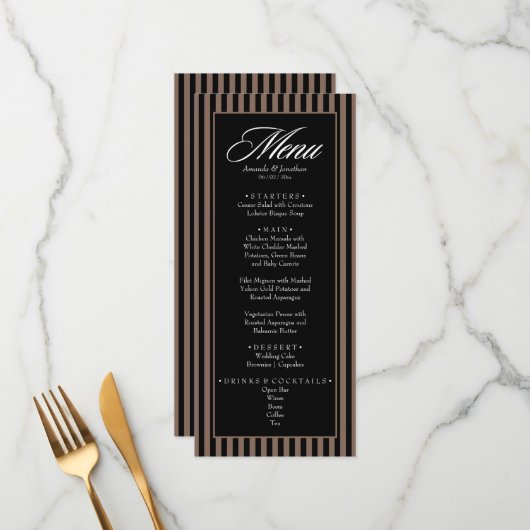 Menu Élégant noir et Brown Mariage de bandes verticales (Devant/Arrière en situation)