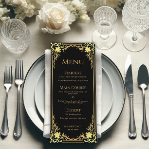 Menu Élégant noir faux papier d'or vintage mariage