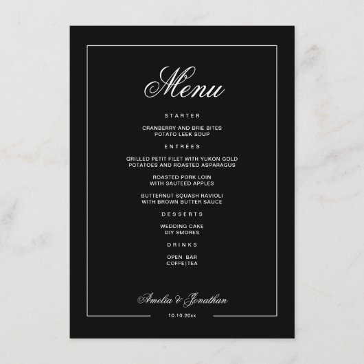 Menu Elégant Noir foncé Romantique Mariage d'hiver (Devant)