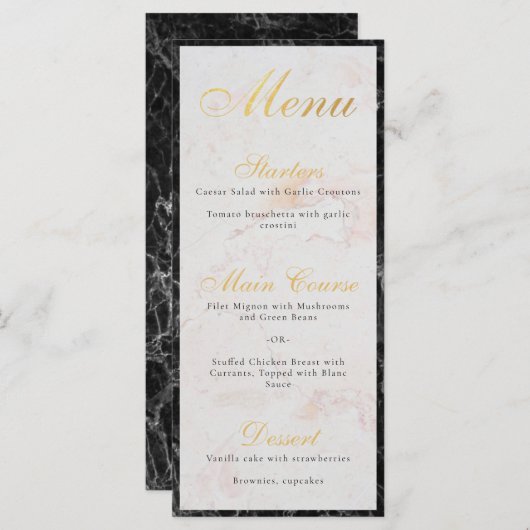 Menu Élégant noir marbre blanc Faux or Foil Script (Devant / Derrière)