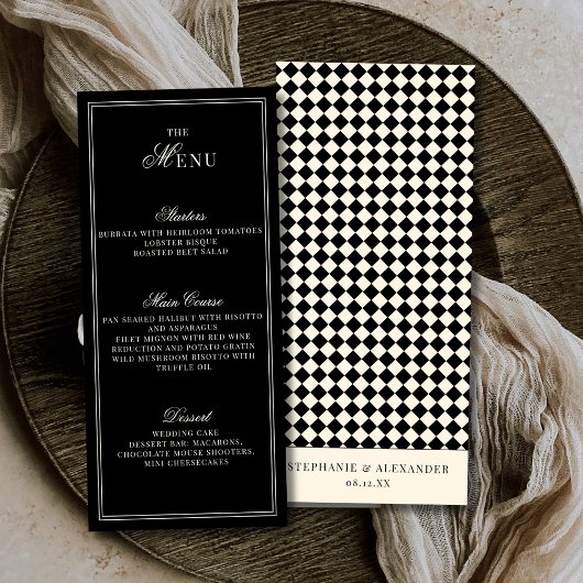 Menu Elegant Old Money Black Ivory Checkered Wedding