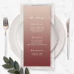 Menu Élégant Ombre Champagne & Mariage rouge cannelle<br><div class="desc">Elégant Ombre Champagne & Cinnamon Red Wedding Reception Menus Dîner. Cette carte de menu chic moderne est simple classique et élégante avec un dégradé subtil et une jolie police de calligraphie de script signature avec queues. Montré dans la nouvelle Colorway. Disponible en plusieurs options de couleur, ou n'hésitez pas à...</div>