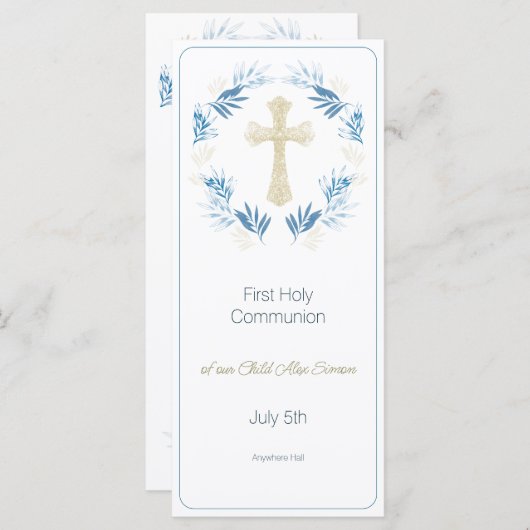 Menu Élégant Or Bleu Première Communion Sainte (Devant / Derrière)