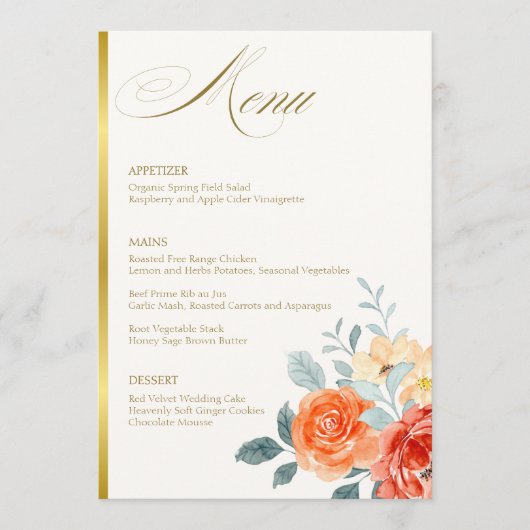 Menu Élégant or Blush Floral Script Mariage (Devant)