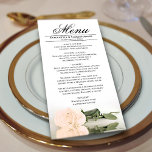Menu Élégant Pale Peach Rose Réflexions Mariage<br><div class="desc">Ce beau menu ajoutera un peu de style à votre réception de mariage. Il présente un design magnifique et romantique avec une simple pêche pâle ou un rose de couleur orange clair allongé sur son côté, se reflétant dans un bassin d'eau avec vagues et ondulations. Il y a de l'espace...</div>