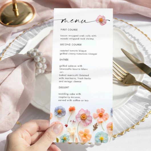 Menu Élégant Pastel Pink Boho Fleur sauvage Mariage
