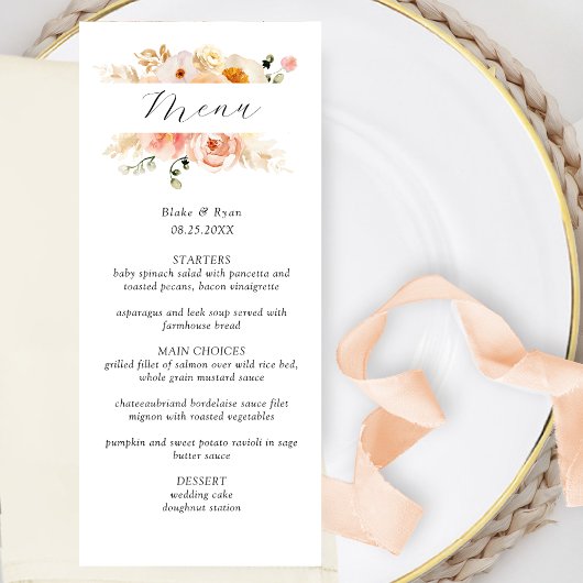 Menu Elegant Peach, Blush and Champagne Wedding