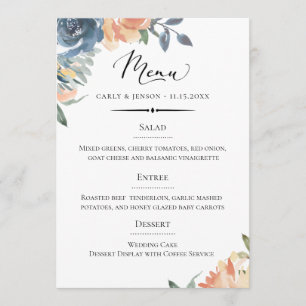 Menu Elegant Pêche et Mariage botanique bleu