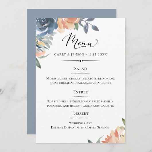 Menu Elegant Pêche et Mariage botanique bleu (Devant / Derrière)