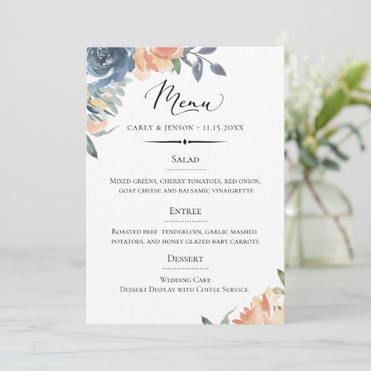 Menu Elegant Pêche et Mariage botanique bleu (Debout devant)