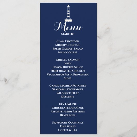 Menu Elégant phare Mariage nautique blanc & bleu (Devant)