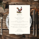 Menu Elégant Pheasant Rustique Chasse Automne Dîner<br><div class="desc">Chasse carte de menu à thème avec une illustration de faisan et une typographie élégante, fond vert olive foncé et texte personnalisé. Parfait pour un dîner de campagne, un dîner de répétition de mariage élégant, un dîner de chasse, une fête de retraite de chasse ou une fête d'anniversaire de chasse....</div>