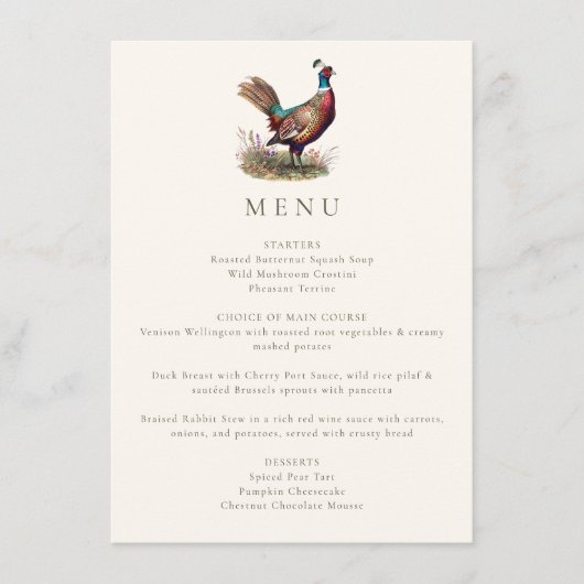 Menu Elégant Pheasant Rustique Chasse Automne Dîner (Devant)