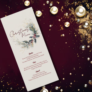 Menu Elégant Pine Holly Wreath Gold Accents Noël