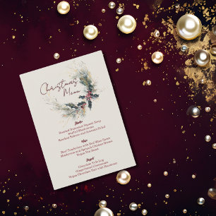 Menu Elégant Pine Holly Wreath Gold Accents Noël
