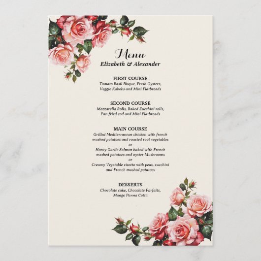 Menu Elegant pink and red roses floral wedding (Devant)