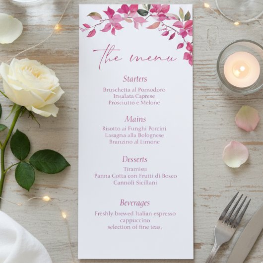 Menu Elegant Pink Floral Watercolor Wedding 