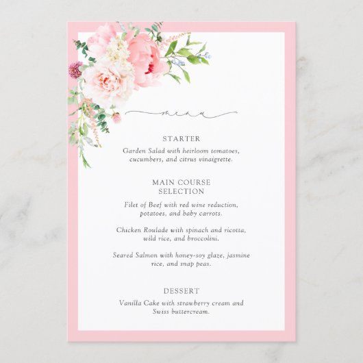 Menu Elegant Pink Watercolor Flowers Bridal Shower (Devant)