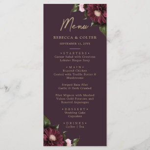Menu Élégant Plum violet Bourgogne Mariage floral
