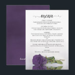 Menu Élégant reflet Améthyste Rose violet Mariage<br><div class="desc">Ce beau menu mariage présente un design simple mais élégant avec un titre de calligraphie script et un seul rose mauve améthyste à long tige allongé sur son côté réfléchissant dans un bassin d'eau.</div>