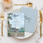 Menu Elégant Regency Era Peacock Vintage Garden Mariage<br><div class="desc">Cet élégant vintage Regency Era Jardin anglais Bridgerton esthétique 5x7" menu mariage comprend une douce glycine bleu, vert et violet aquarelle couleur florale et botanique, avec script de calligraphie "Menu" et détails du menu à l'avant, avec initiales monogramme et date mariage sur le côté arrière sur un arrière - plan...</div>