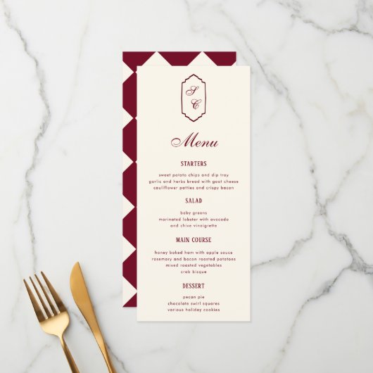 Menu Elegant Retro Checkered Burgundy Wedding (Devant/Arrière en situation)