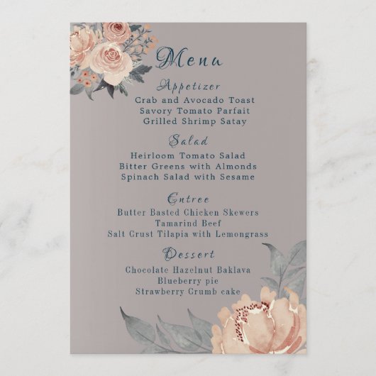 Menu Élégant Romantique Blush Gris Coral Mariage Floral (Devant)