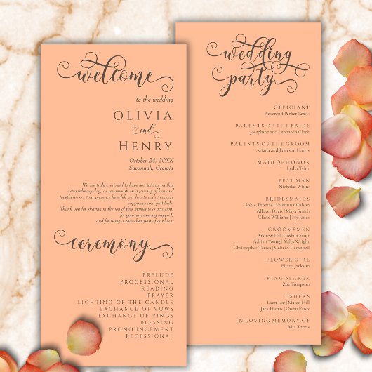 Menu Élégant romantique Calligraphie Peach Wedding Prog