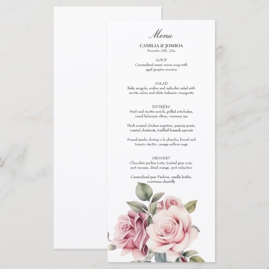 Menu Élégant Romantique Mariage Rose Rose Moderne Chic (Devant / Derrière)