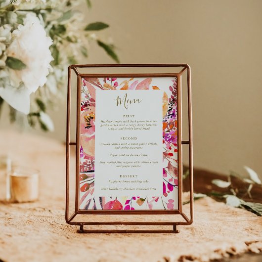 Menu Elégant rose Aquarelle Fleurs Mariage Personnalisé