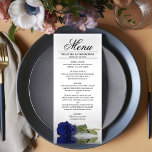 Menu Elégant Rose bleu marine avec Mariage de Réflexion<br><div class="desc">Ce beau menu ajoutera un peu de style à votre réception de mariage. Il présente un design magnifique et romantique avec un seul rose bleu marine et profond posé sur son côté, se reflétant dans un bassin d'eau avec vagues et ondulations. Il y a de l'espace pour les noms du...</div>