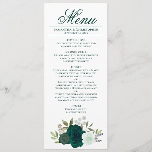 Menu Élégant Rose couleur vert émeraude Mariage (Devant)