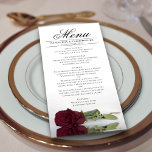 Menu Élégant Rose de Bourgogne avec Mariage Réflexions<br><div class="desc">Ce beau menu ajoutera un peu de style à votre réception de mariage. Il présente un design magnifique et romantique avec un seul rose de couleur bordeaux, marron ou vin rouge allongé sur son côté réfléchissant dans une piscine d'eau avec vagues et ondulations. Il y a de l'espace pour les...</div>